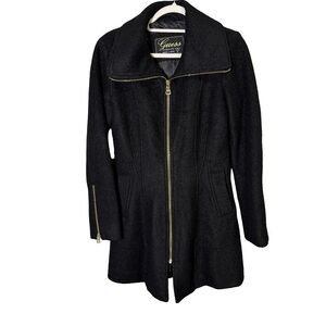 GUESS Black Wool Blend Classic Trench Coat with Gold Accents Size S Fall Winter